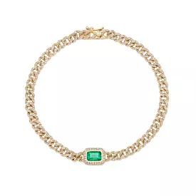 14K Gold Emerald and Pave-Diamond Cuban Link Chain Bracelet