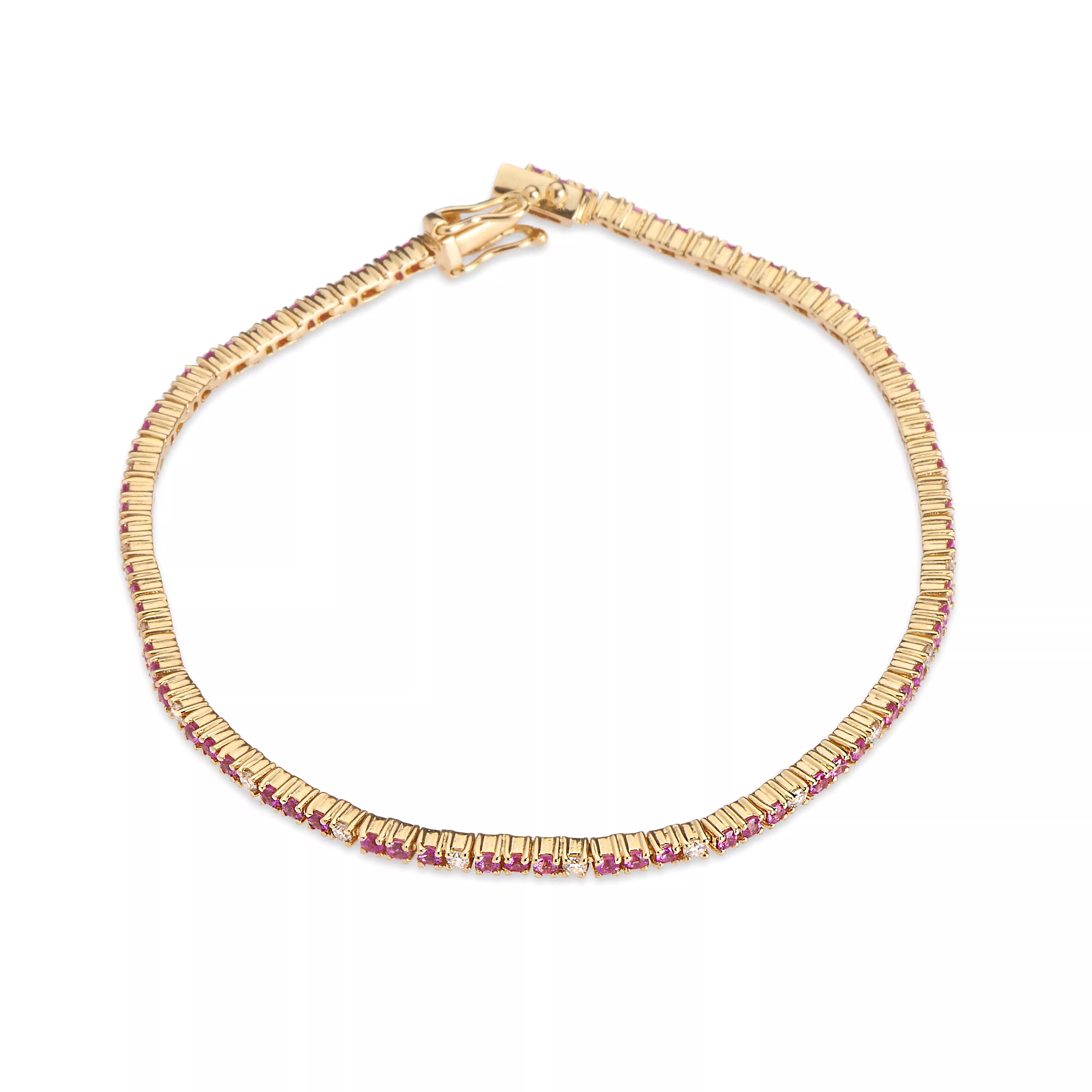 14K Gold Pink Sapphire and Diamond Tennis Bracelet 4-Prong Setting