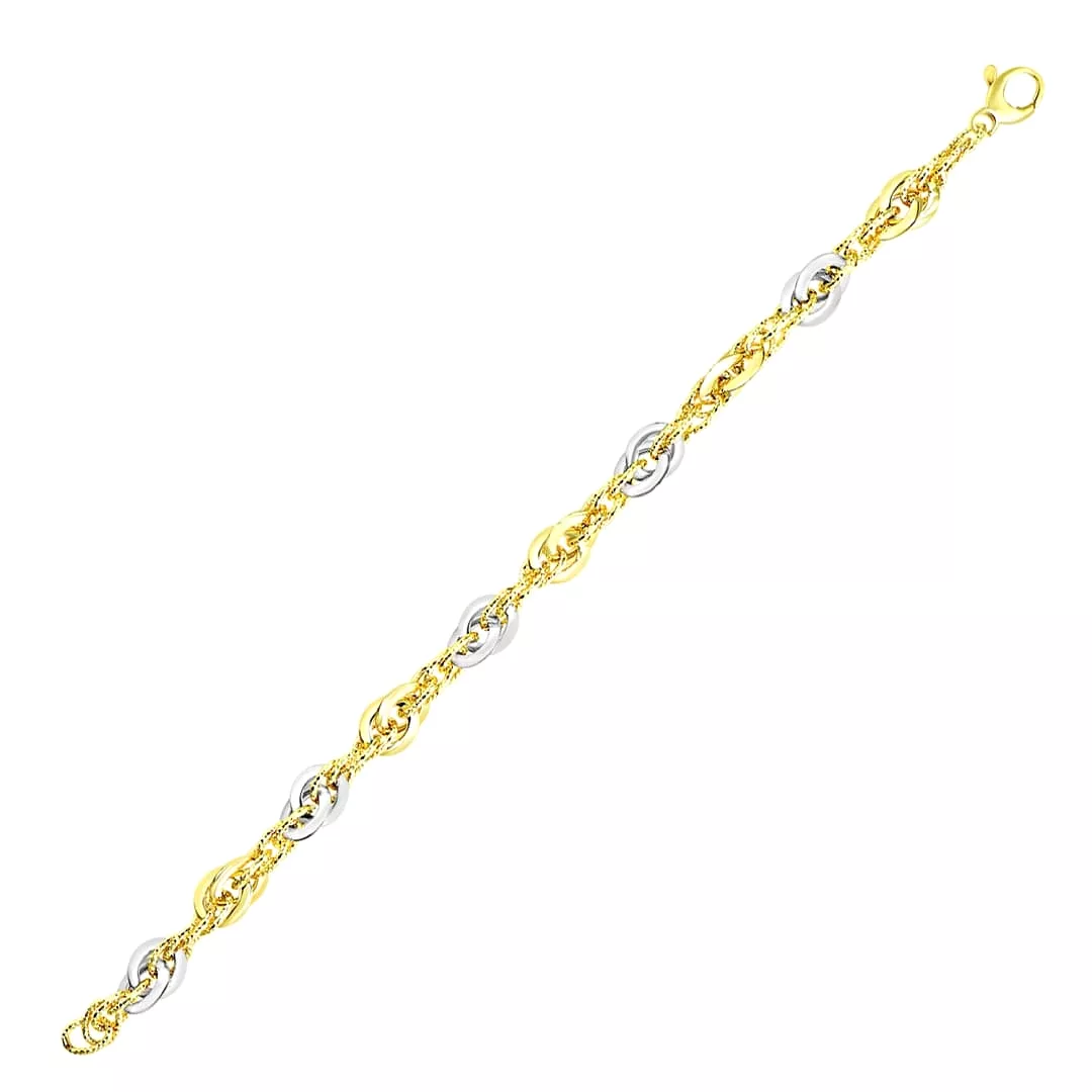 14k Two-Tone Gold Interlaced Smooth and Textured Link Bracelet