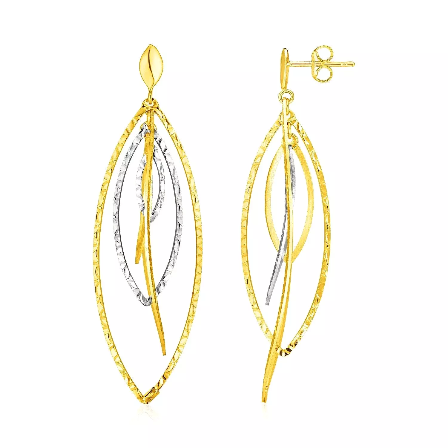 14k Two Tone Gold Textured and Polished Marquise Motif Earrings