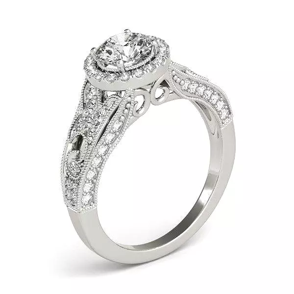 14k White Gold Diamond Engagement Ring with Baroque Shank Design (1 1/8 cttw)