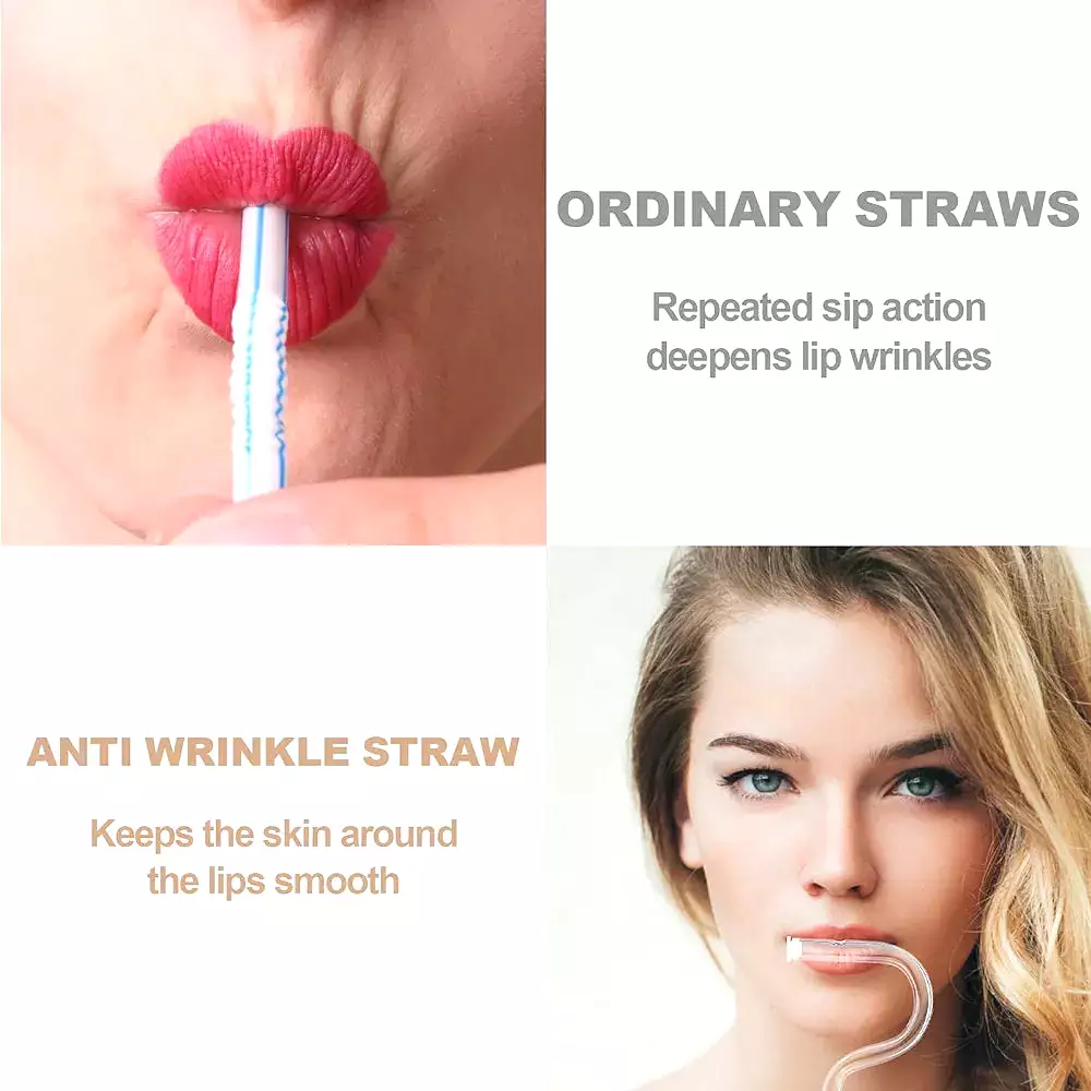 Anti Wrinkles Straw Set of 2 - Reusable Glass Drinking Straw with Brush Lipstick Protect Straw for Engaging Lips Horizontally