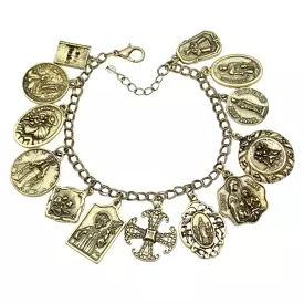 Antique Gold Religious Saints and Cross Charm Bracelet