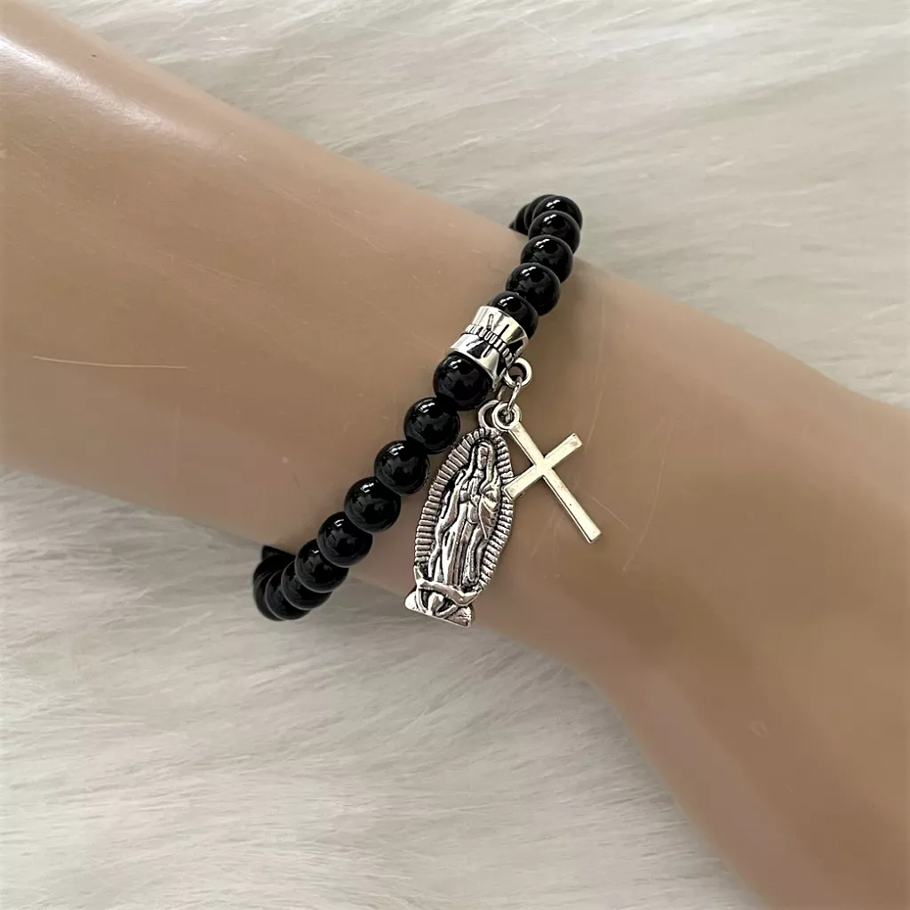 Black Onyx and Silver Saint Mary and Cross Charm Bracelet