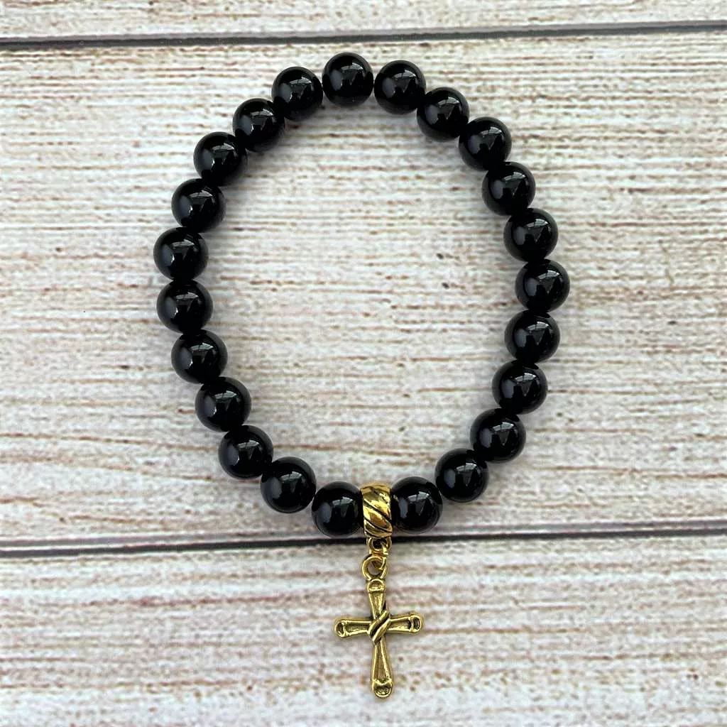 Black Onyx Mens Beaded Bracelet with Gold Cross Charm