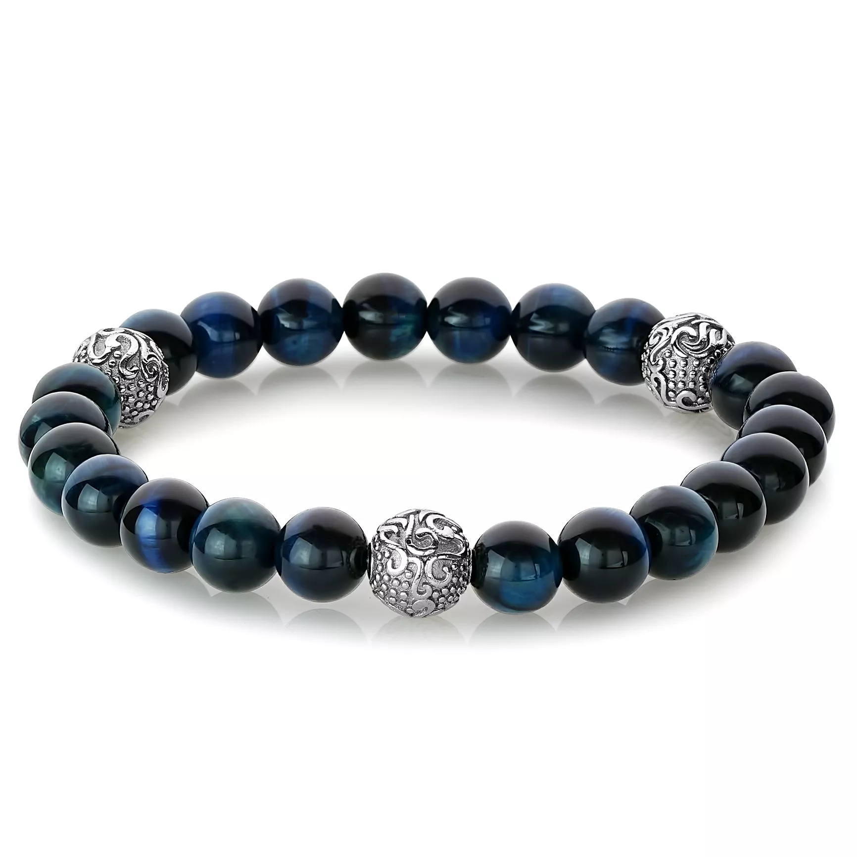 Blue Tiger eye and Steel beaded stretch bracelet