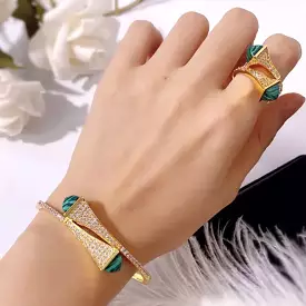 Bracelet & Ring Set Colorful stone Simple Design Gold Open Cuff Bangle Ring Jewelry Set S3882961