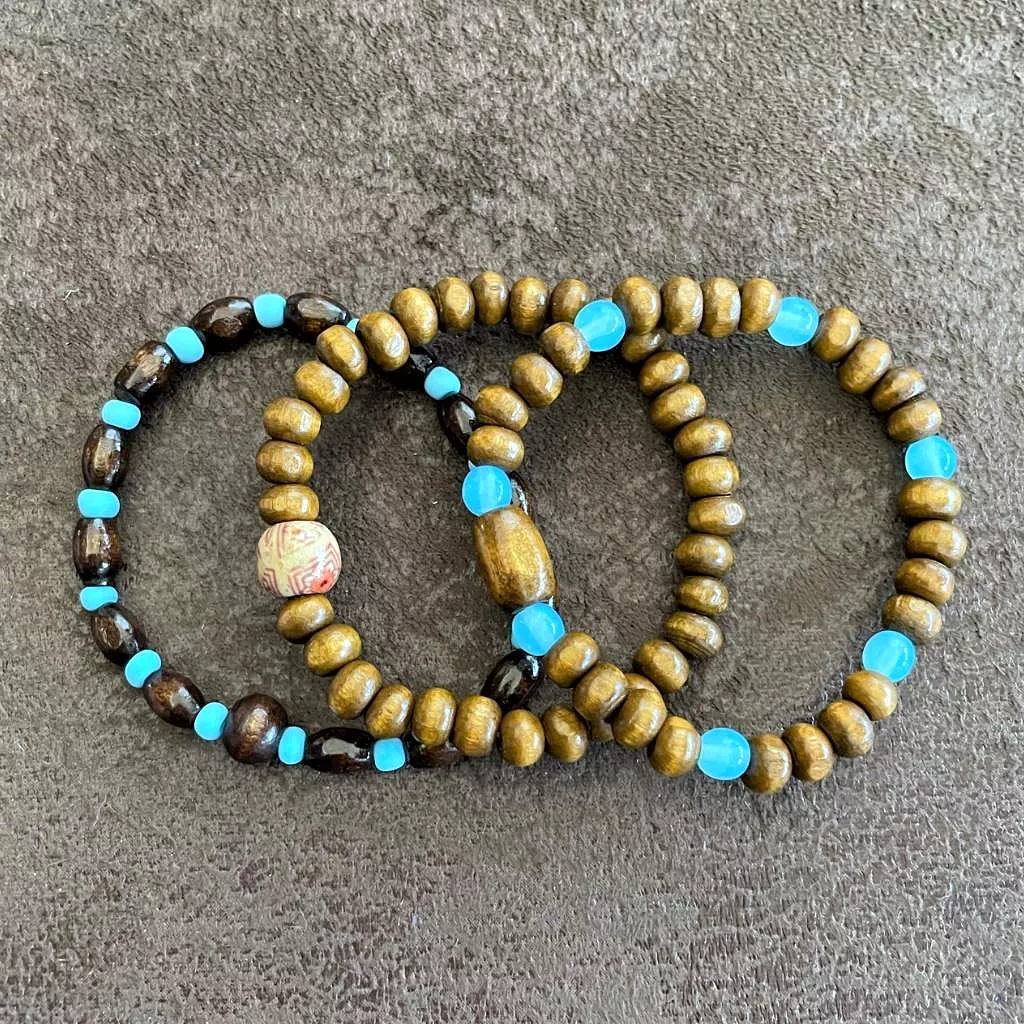 Brown Wood and Light Blue Beaded Bracelet Trio Set