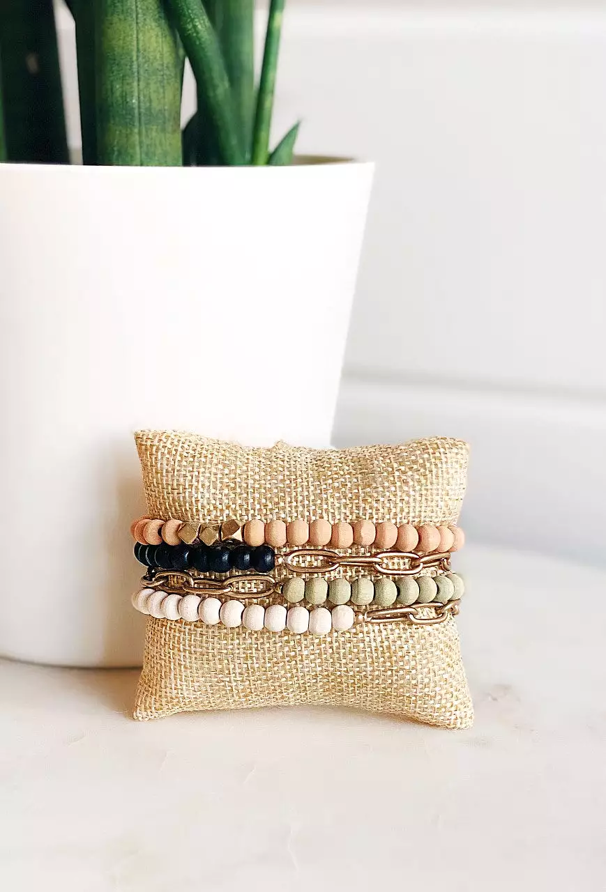 Chain Link & Wood Beaded Bracelet Set