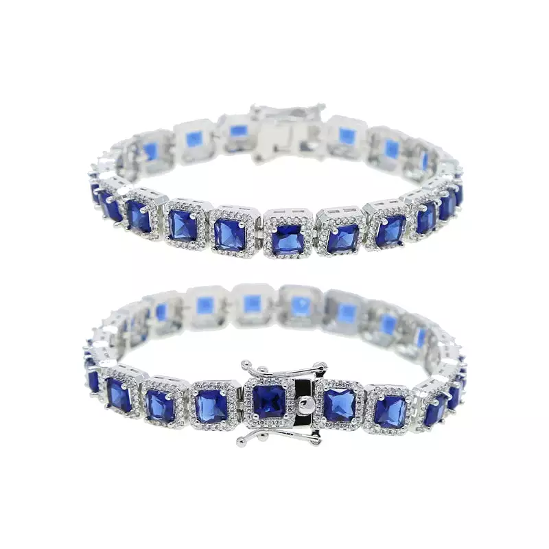 Classic Silver Plated Geometric Blue 5A CZ Tennis Chain Bracelet