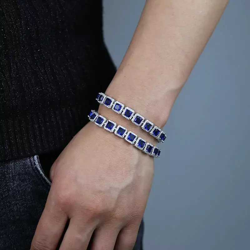 Classic Silver Plated Geometric Blue 5A CZ Tennis Chain Bracelet