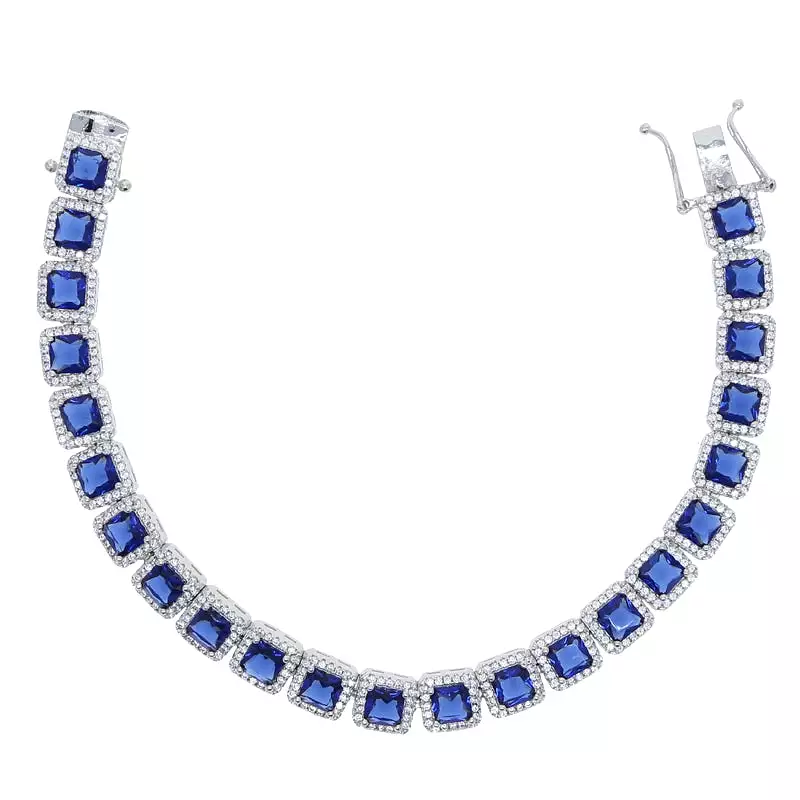 Classic Silver Plated Geometric Blue 5A CZ Tennis Chain Bracelet