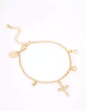 Gold Plated Cubic Zircona Cross Charm Bracelet