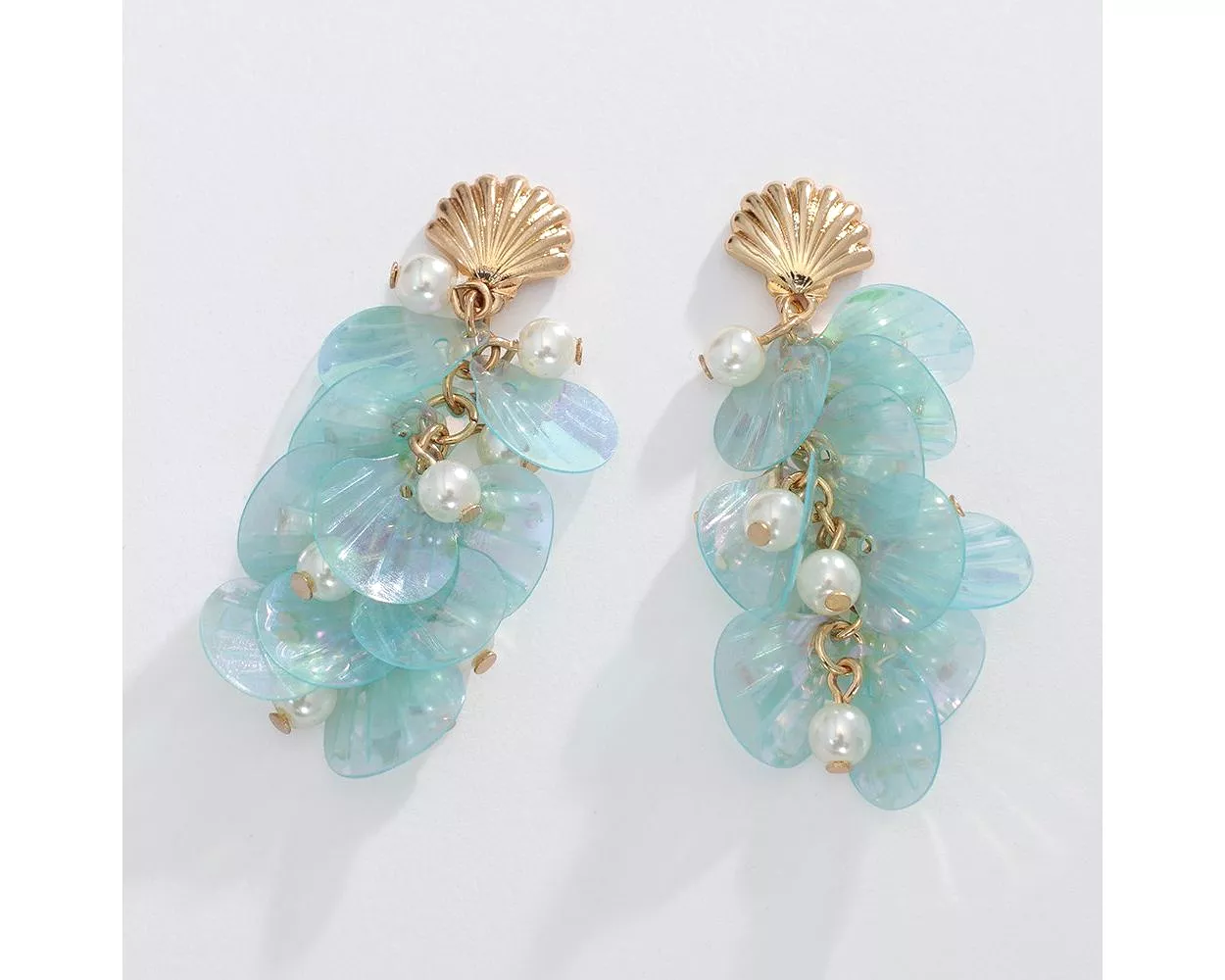 Gold Shell & Aqua Sequin Earrings