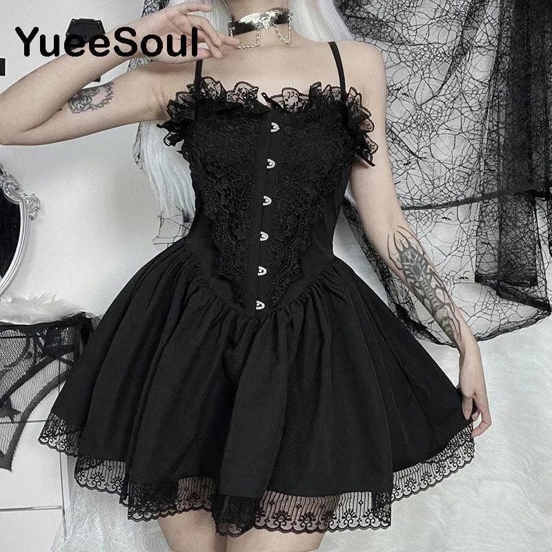 Gothic Lace Trim High Waist Bodycon Mini Dress