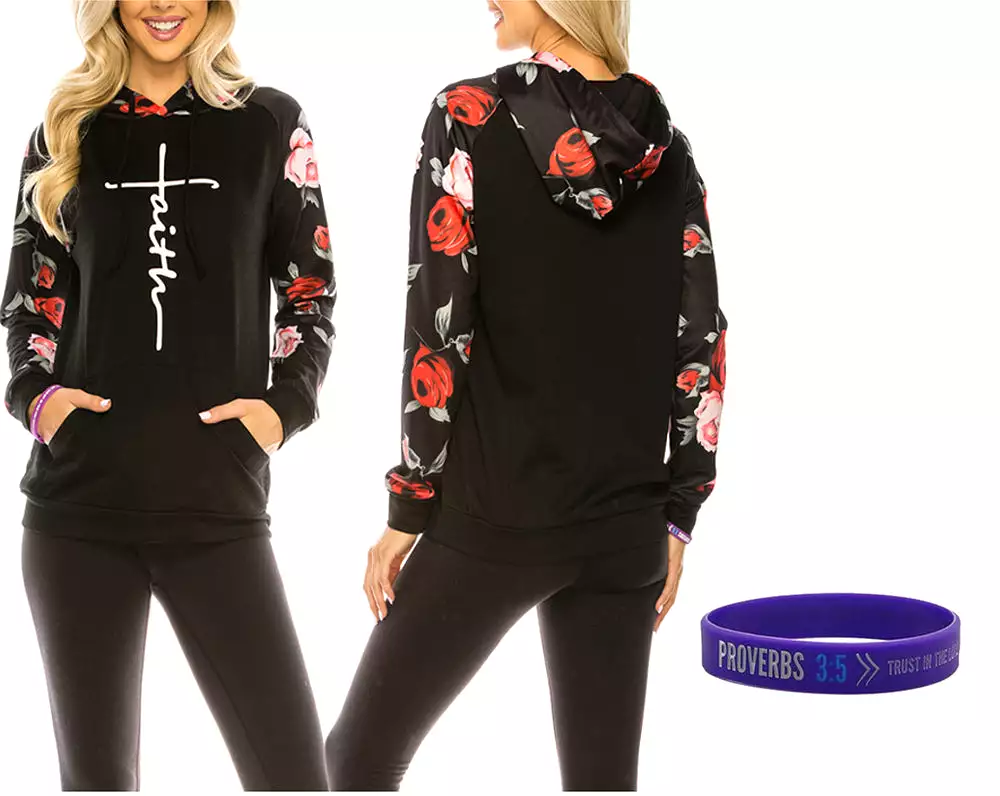 Haute Edition Women's Faith Floral Hoodie with Inspirational Bracelet 2-Piece Gift Set