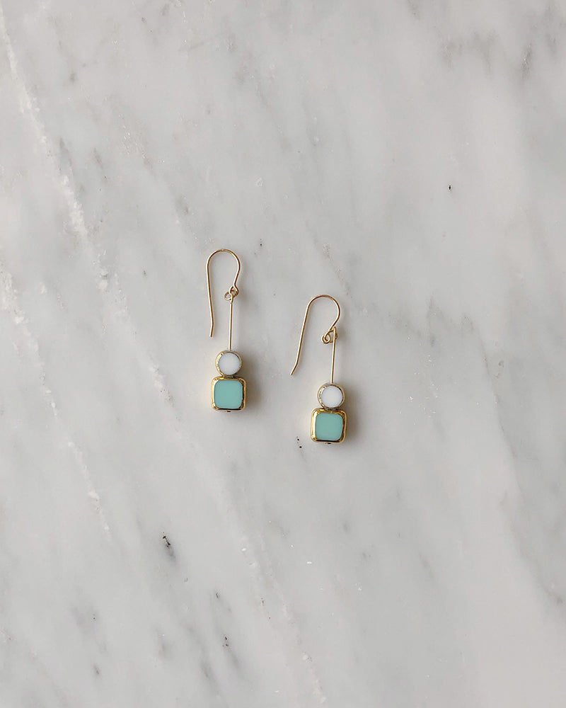 I. Ronni Kappos Stacked Aqua Square w/ White Circle Earrings