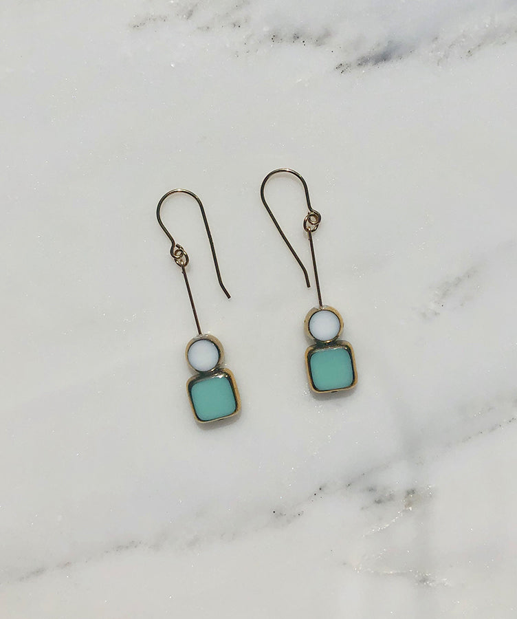 I. Ronni Kappos Stacked Aqua Square w/ White Circle Earrings