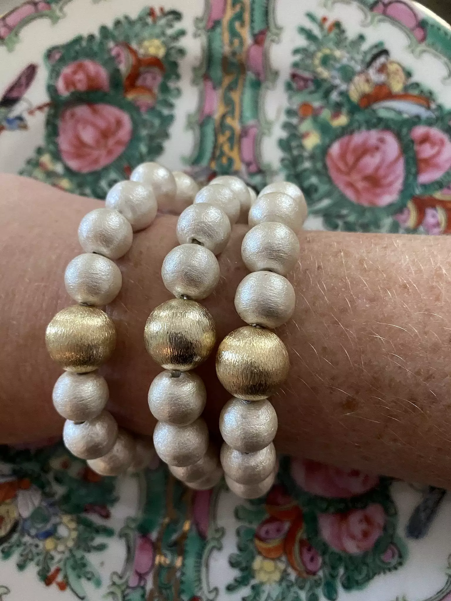 M. Donohue Olivia Cotton Pearl & Gold Stretch Bracelet