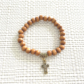 Mens Brown Wood Beaded Bracelet with Gold Cross Charm