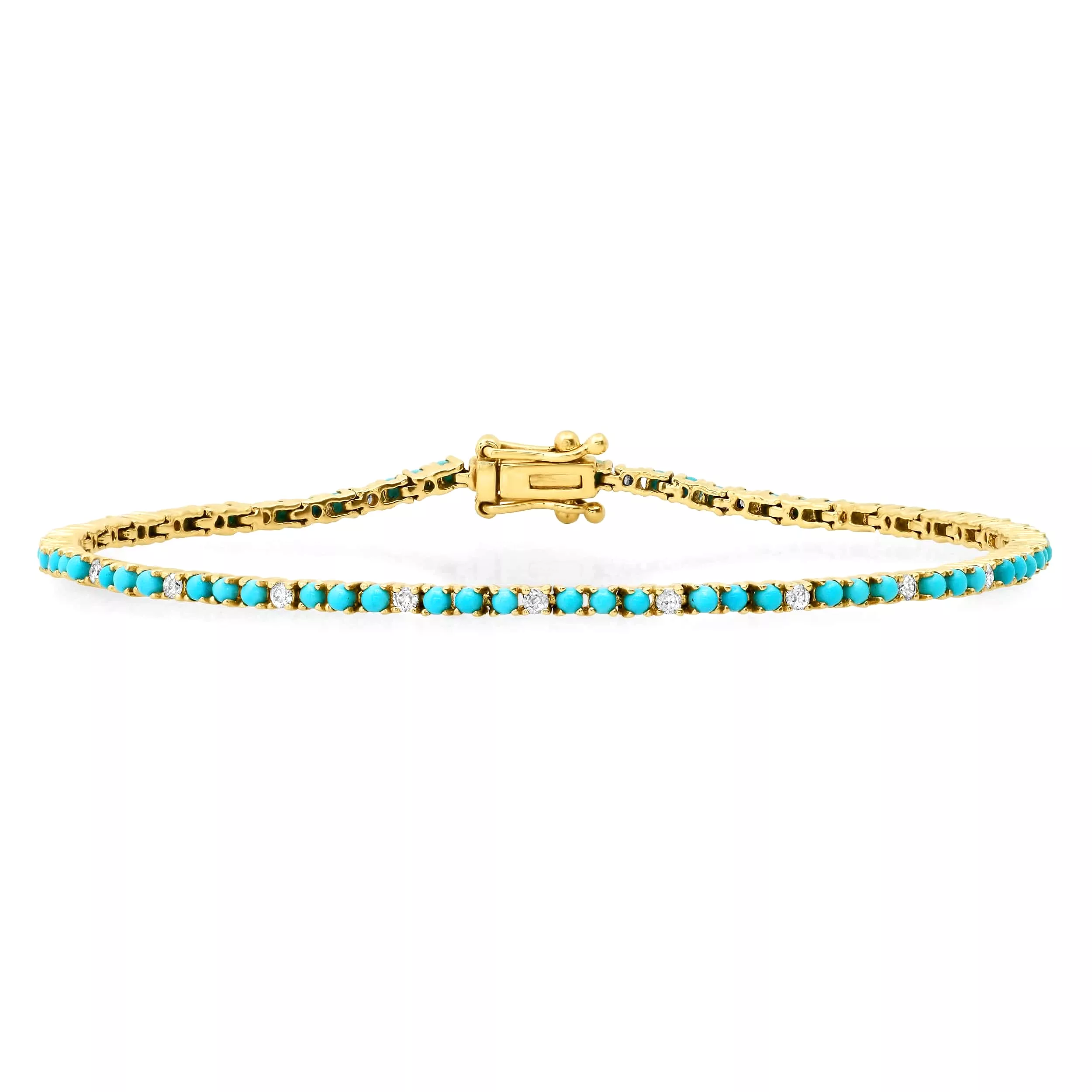 Mini 14K Gold Turquoise and Diamond Tennis Bracelet 4-Prong Setting