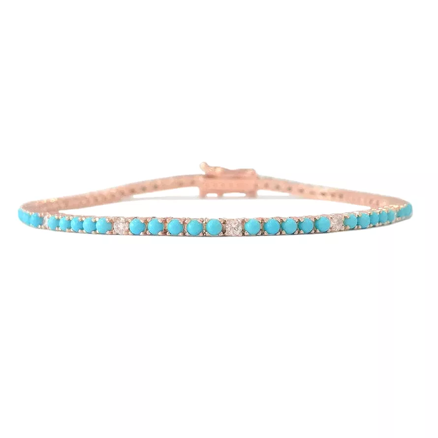 Mini 14K Gold Turquoise and Diamond Tennis Bracelet 4-Prong Setting