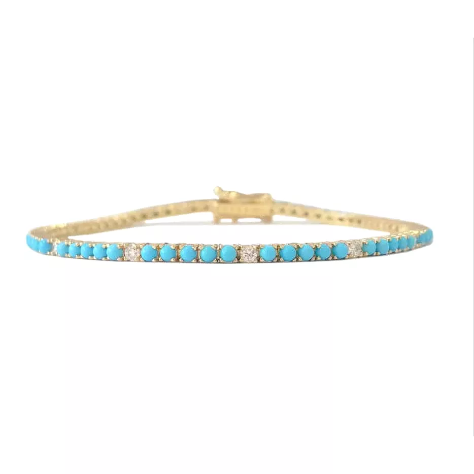 Mini 14K Gold Turquoise and Diamond Tennis Bracelet 4-Prong Setting