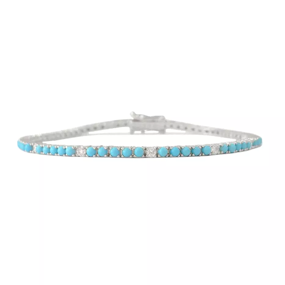 Mini 14K Gold Turquoise and Diamond Tennis Bracelet 4-Prong Setting