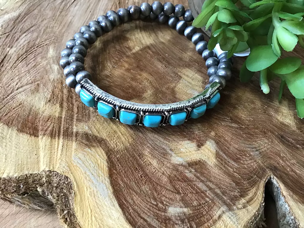 Navajo Style Pearl & Turquoise Stretch Bracelet