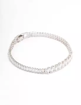 Rhodium Round Emerald-Cut Rectangular Tennis Bracelet