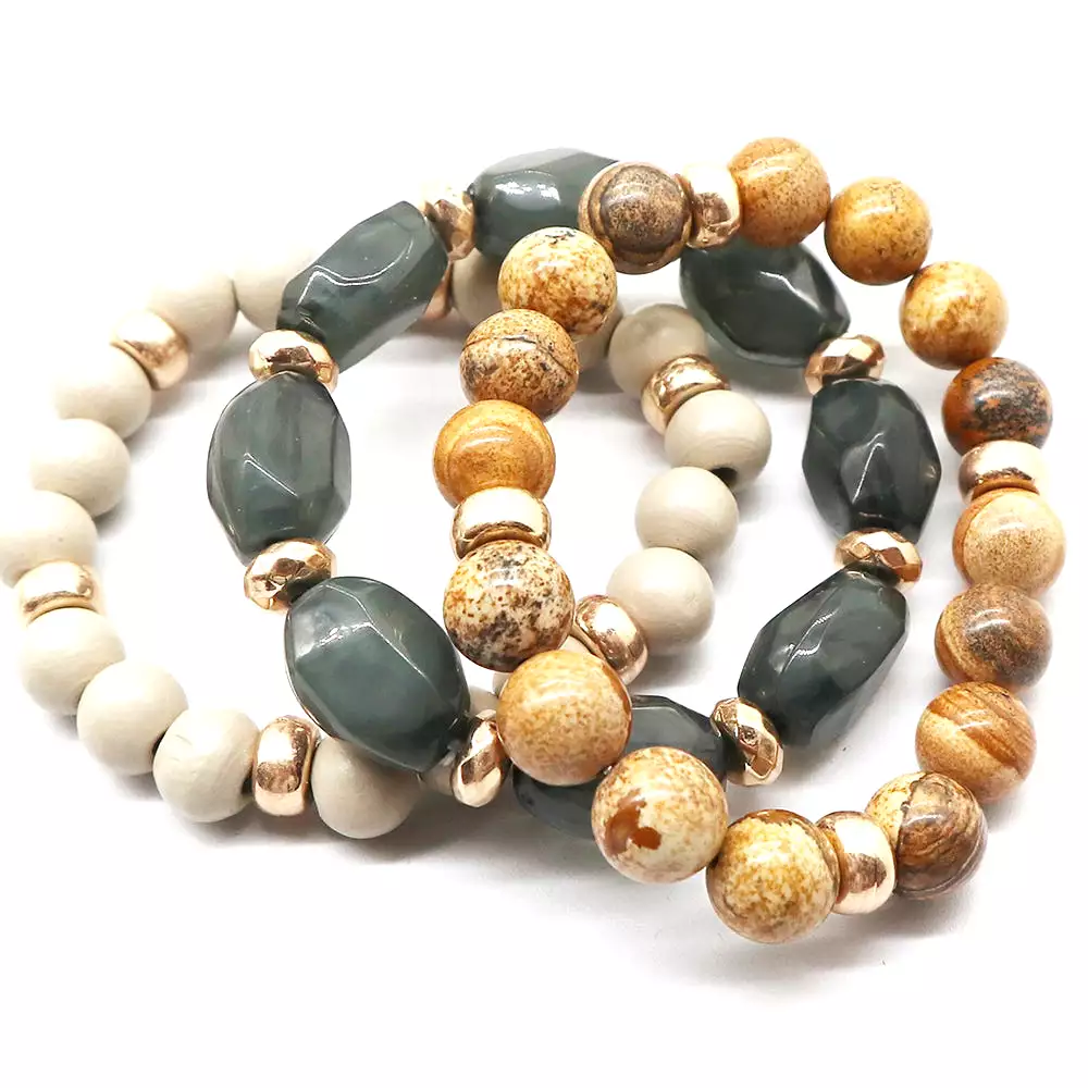 Semi Precious Stone Wood Bead Bracelet Set