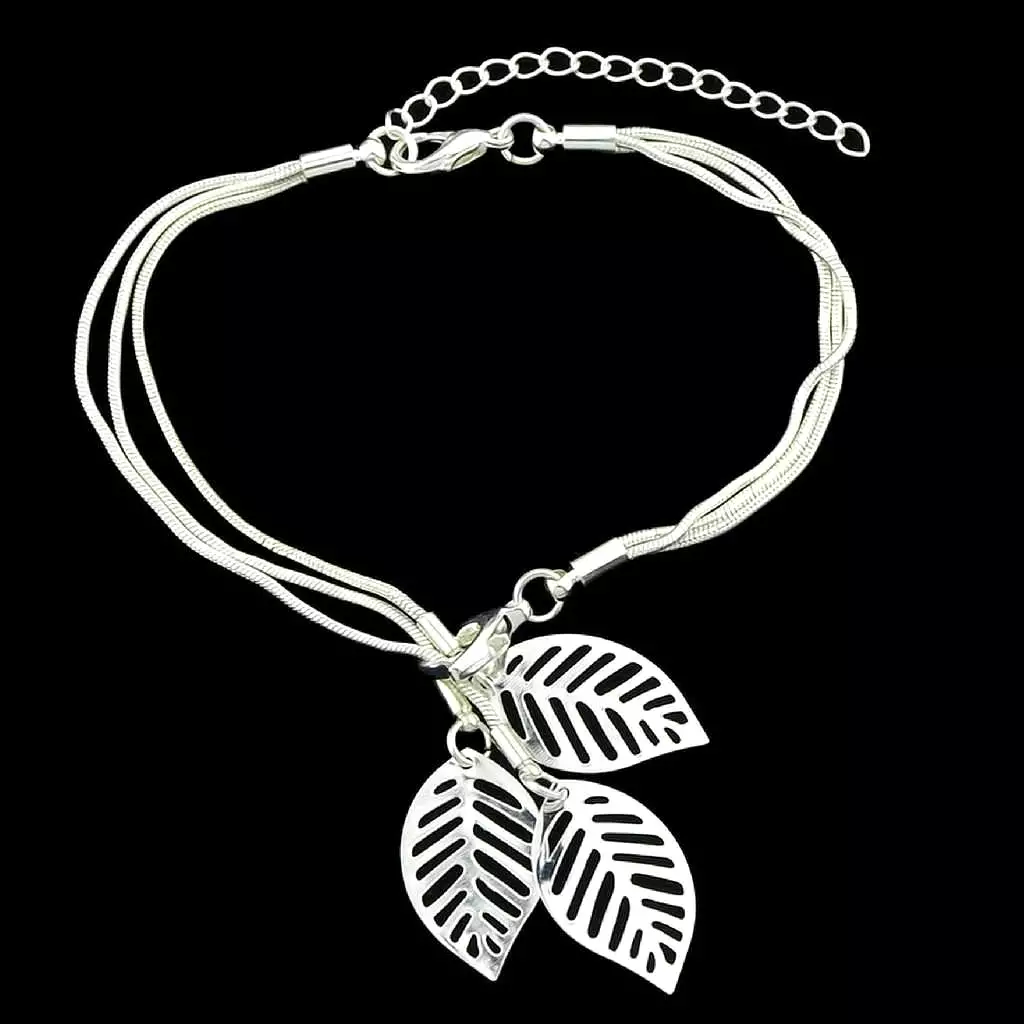 Silver Snake Chain Bracelet with Silver Charm Leaves