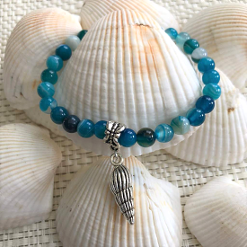 Sky Blue Fire Agate Beaded Bracelet with Silver Shell Charm