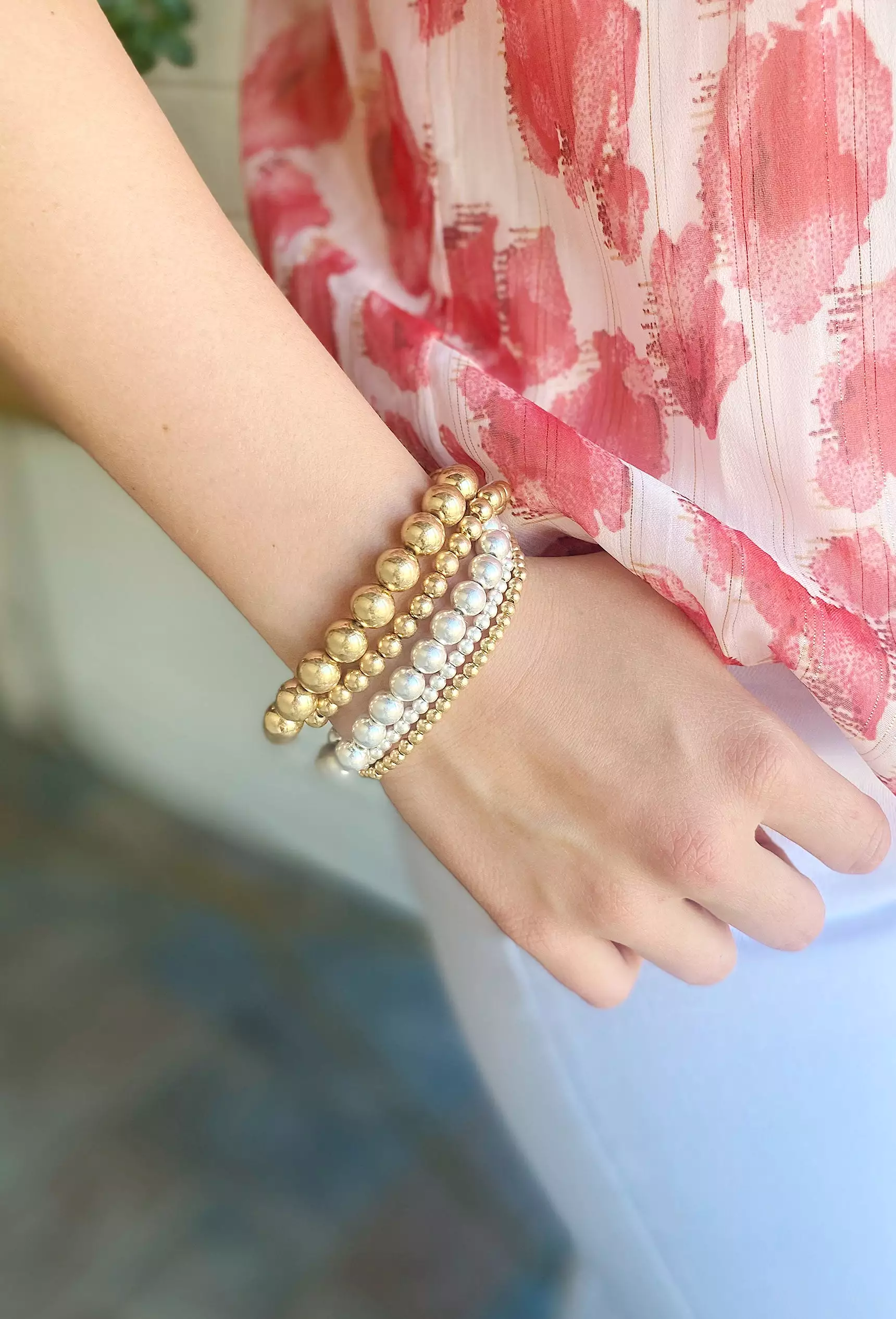 Stretchy Beaded Ball Bracelet Set in Matte Mixed Metals