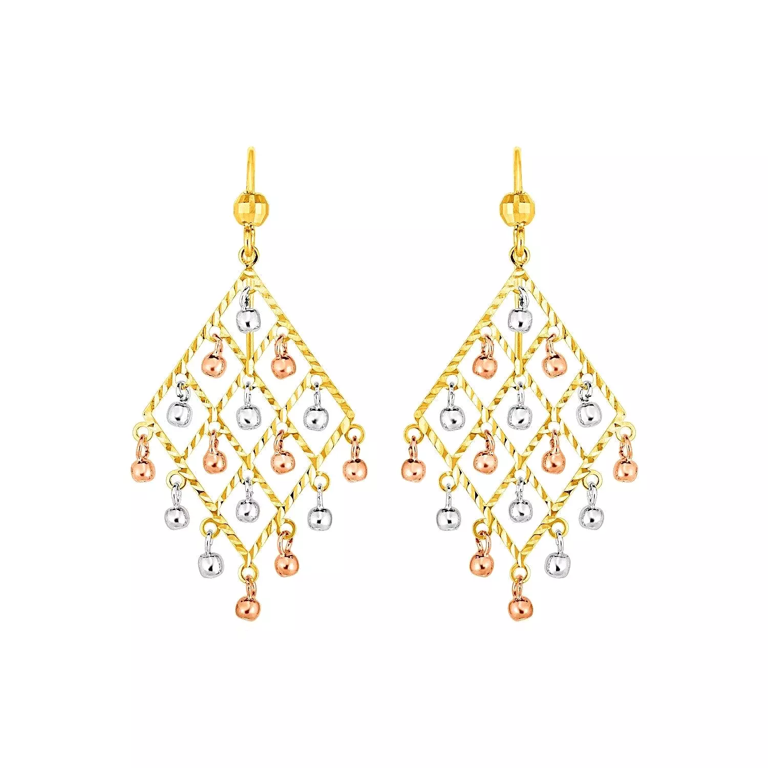 Textured Chandelier Earrings with Ball Drops in 14k Tri Color Gold