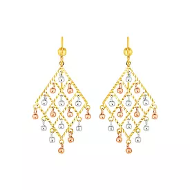 Textured Chandelier Earrings with Ball Drops in 14k Tri Color Gold