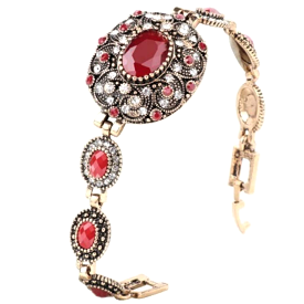 Vintage Gold Link Bracelet with Red Stones