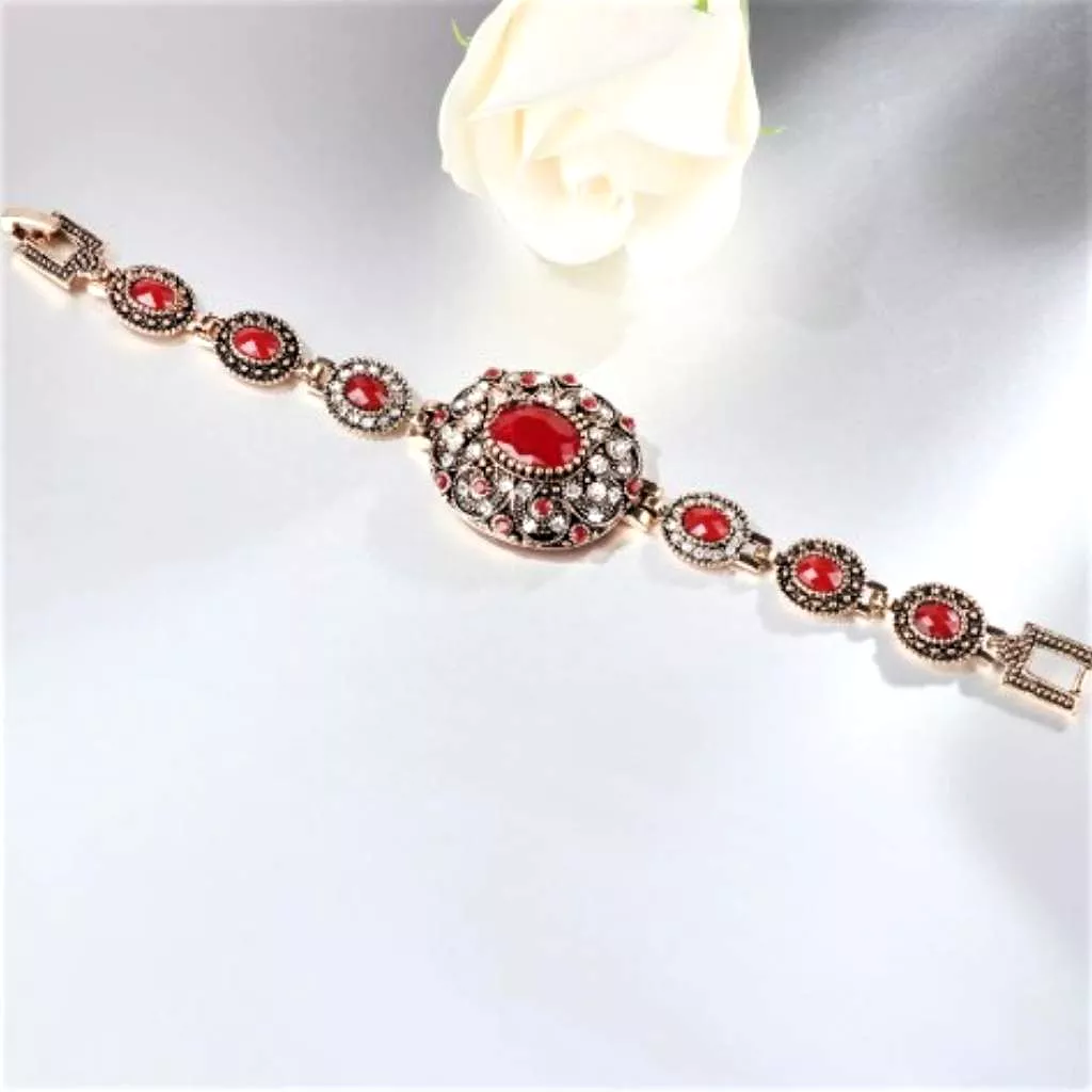 Vintage Gold Link Bracelet with Red Stones