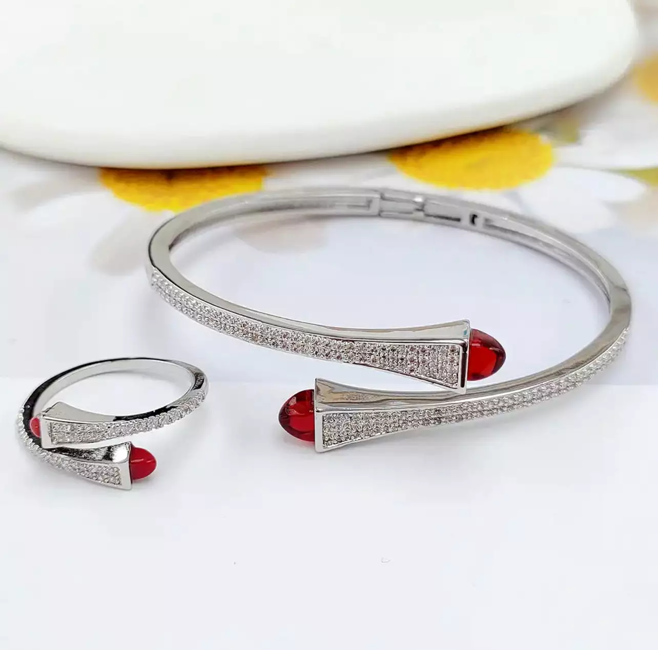 Women Fashion Bracelet & Ring Set Candy color stone Simple Open Cuff Bangle