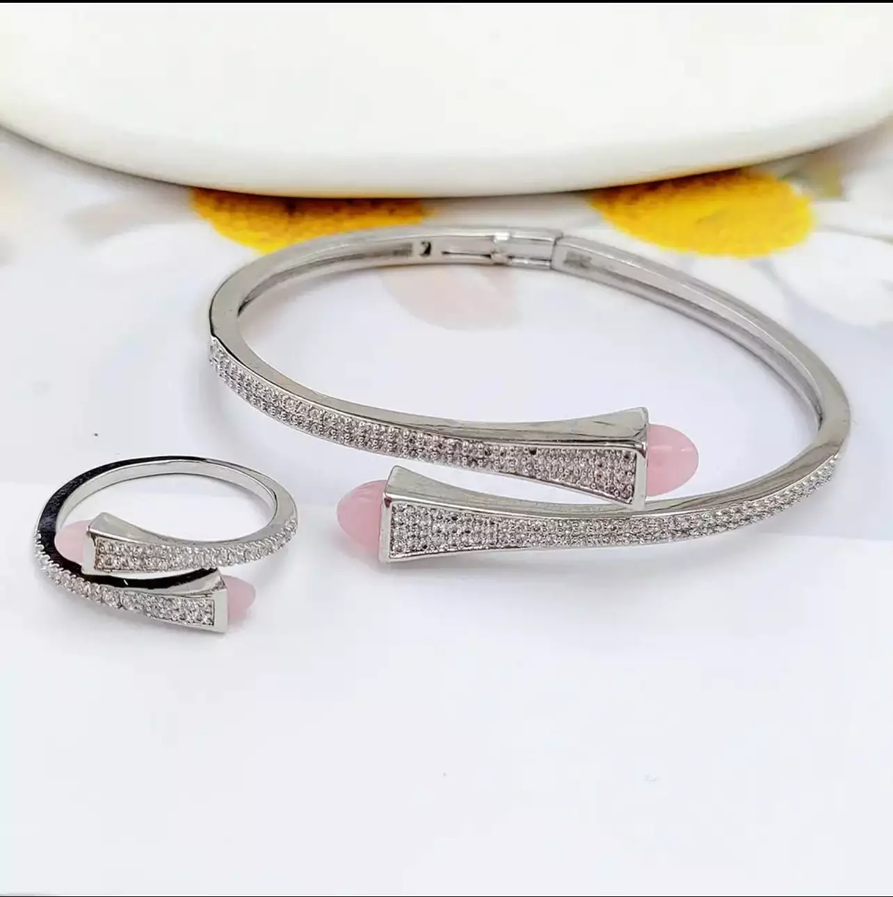 Women Fashion Bracelet & Ring Set Candy color stone Simple Open Cuff Bangle