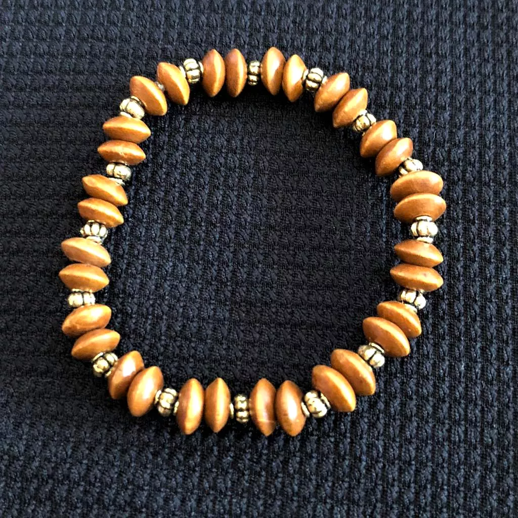 Wood and Gold Beaded Stretch Bracelet