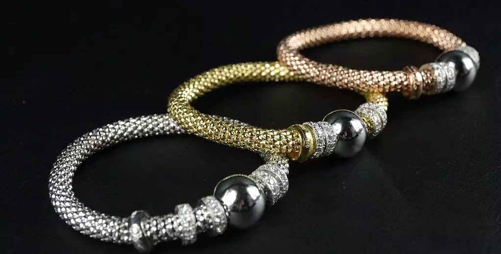 Yellow Gold Plated Silver Beaded Stretch Bracelet with multiple Rows of Cubic Zirconia Rings 19cm long - Ceilo Milan